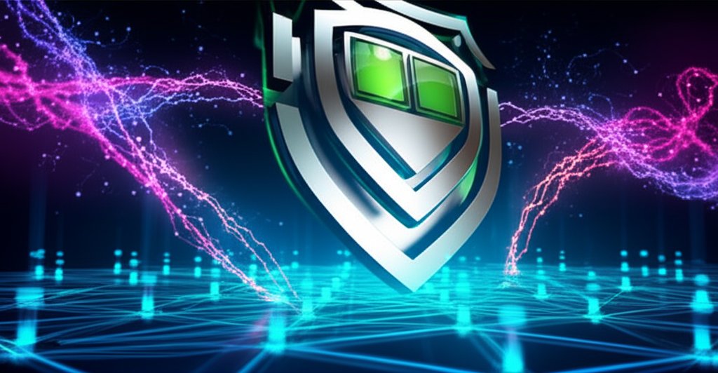 Blue data network defended by a green shield from purple quantum threats, depicting quantum-resistant data security.
