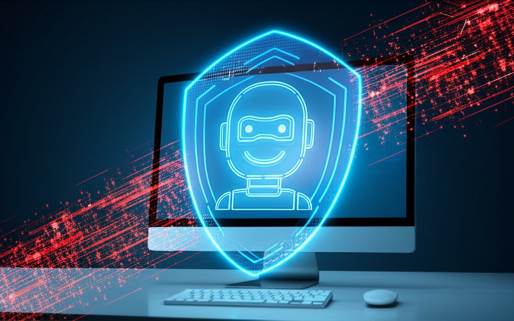 Blue digital shield protects an AI chatbot interface on a monitor. Deflected red code signifies prompt injection prevention.