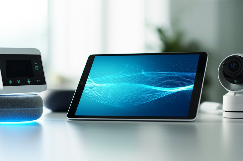 Tablet with data security graphic, surrounded by smart home security devices (voice assistant, camera, smart thermostat) w...