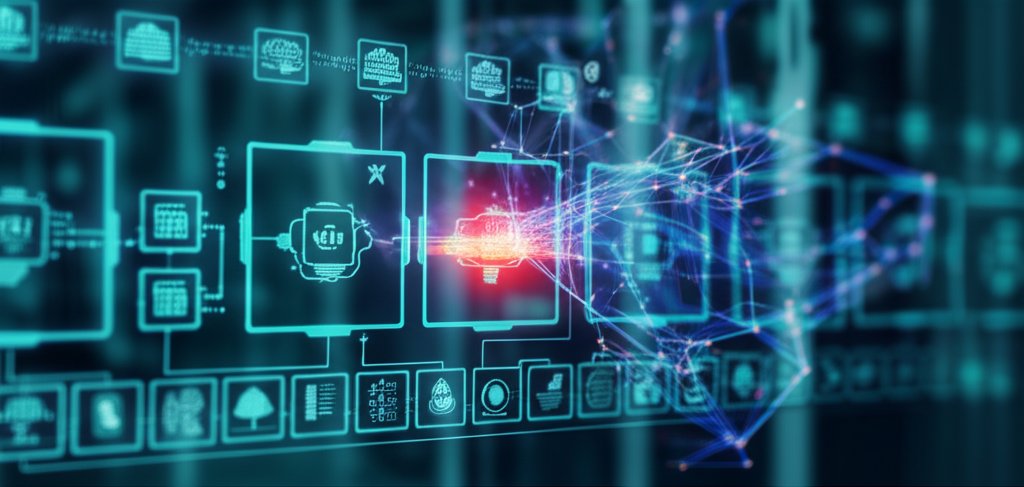 Abstract digital art of a secure CI/CD pipeline with interconnected modules and data streams, threatened by a glowing red ...