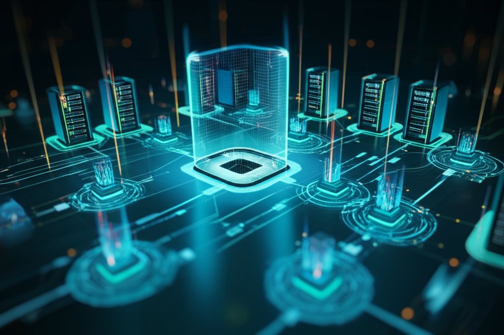 Digital art: secure CI/CD pipeline with glowing data streams, server nodes, and protective blue-green shield, for vulnerab...