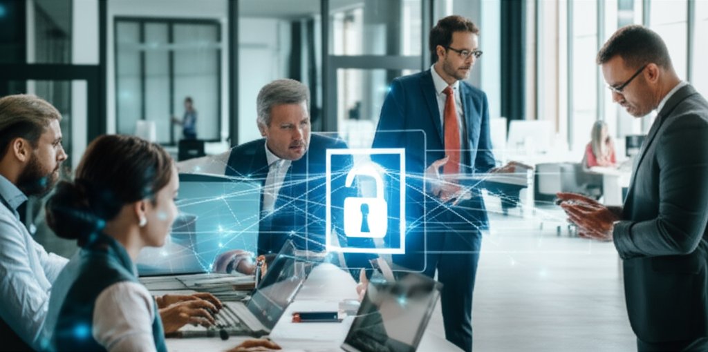 Diverse hybrid workforce professionals in modern office, home, and co-working spaces, connected by secure digital network.