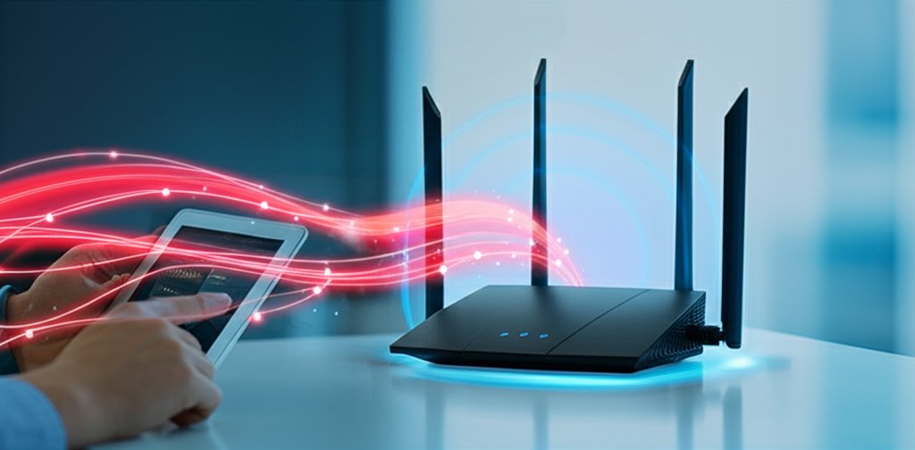 Sleek Wi-Fi router on minimalist desk with red threats & blue security. Hand on tablet shows network settings for protection.