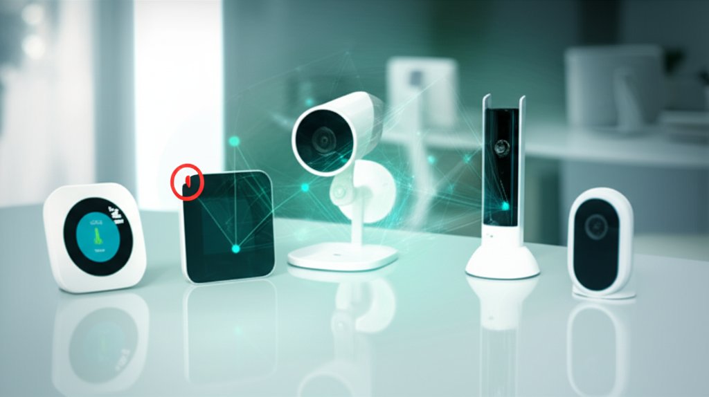 Modern IoT devices (thermostat, camera, doorbell) connected by a glowing digital security mesh. Faint red threat indicates...