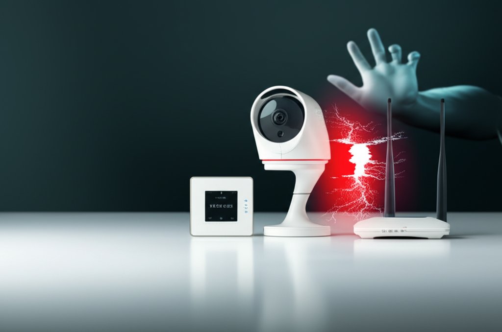 Interconnected IoT devices (camera, thermostat, router). A glowing digital backdoor and shadowy hand signal a hidden vulne...