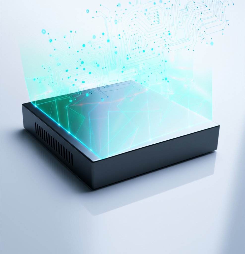 Minimalist IoT smart home security hub with glowing blue-green digital patterns for quantum protection.