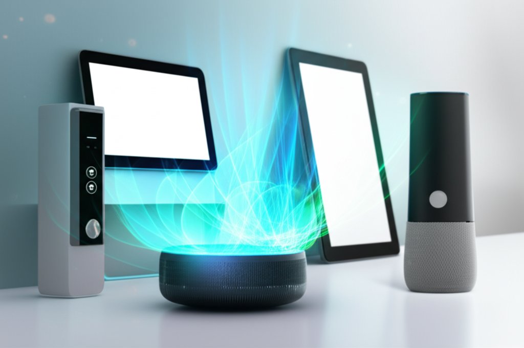 Modern smart home interior with integrated IoT devices: smart speaker, display, lock. Blue/green digital patterns for quan...