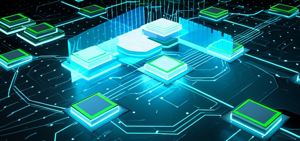 Glowing digital microservices network with API pathways, actively protected by a prominent cyber-green security shield.