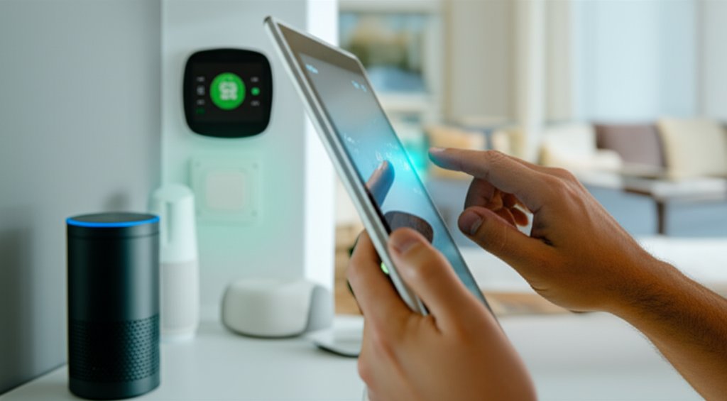 Adult uses smart home tablet. Blurred background with smart speaker & thermostat. Blue-green glow hints at AI security.