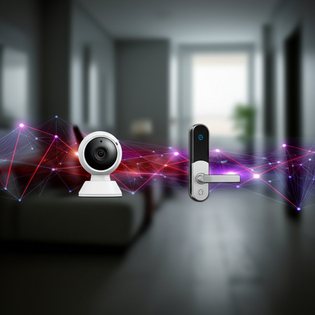 Modern smart home camera & door lock with glowing red/purple neural network lines, hinting at AI cyber threats in a dark m...
