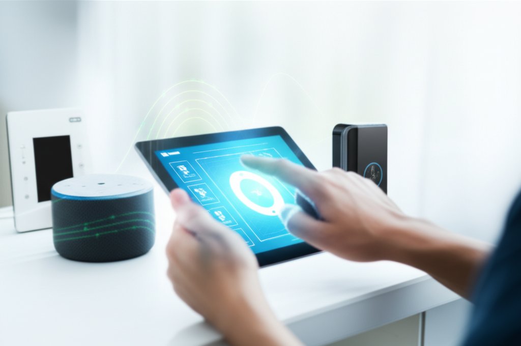 Smart thermostat, voice assistant, & smart lock on a counter, glowing lines show a secure network. Hand uses a tablet with...