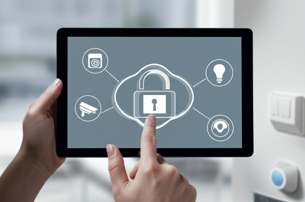 Tablet screen displays smart home security interface: device icons, digital shield. Hand interacts. Blurred modern home ba...
