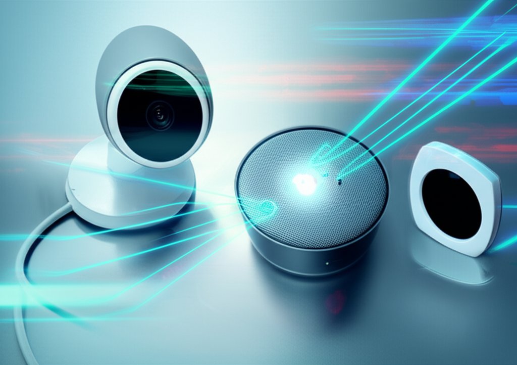 Sleek smart home devices (camera, speaker, thermostat) protected by glowing blue/green digital streams from red hacker gli...
