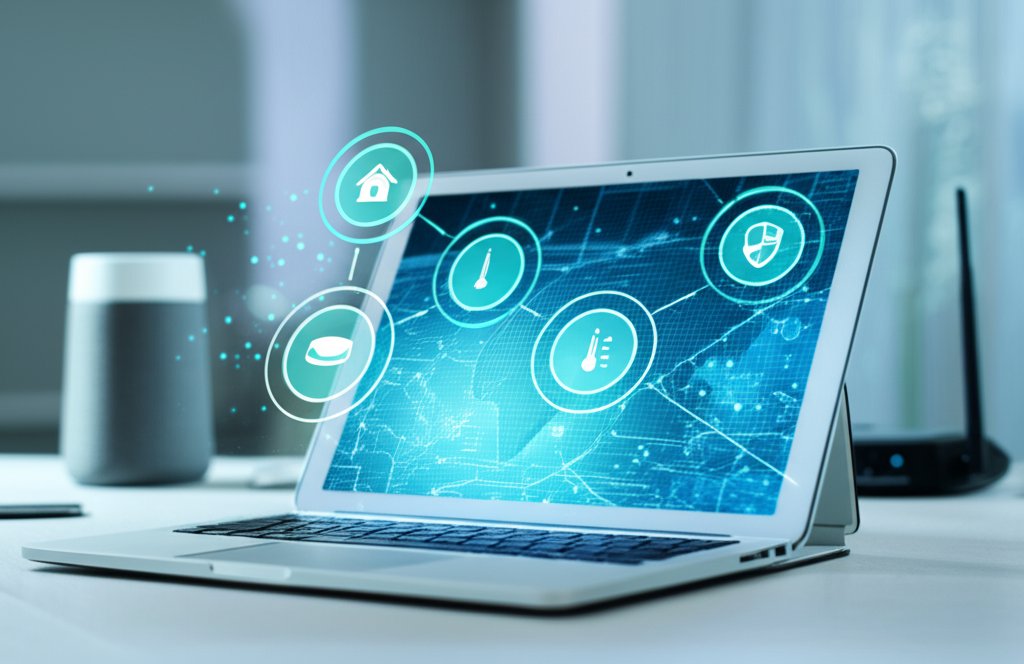 Modern smart home: laptop shows network security interface. Digital lines emanate from each device for Zero Trust security.