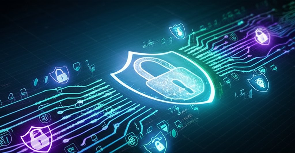 Digital art visualizing the SSDLC: glowing code streams pass through geometric security checkpoints to a securely encapsul...