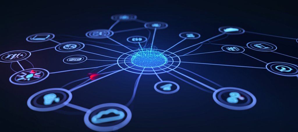 A modern digital supply chain network showing interconnected cloud services and partners. A faint red anomaly signals a se...