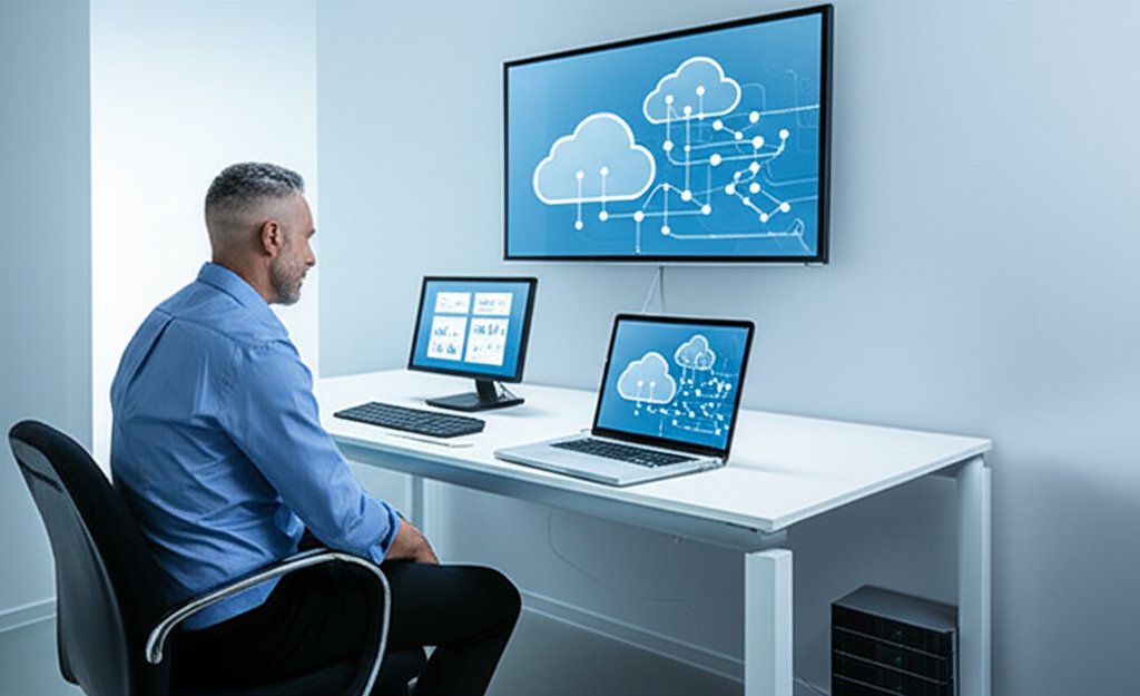Focused small business owner at a modern tech desk with laptop, server, and monitor displaying cloud data for hybrid cloud...