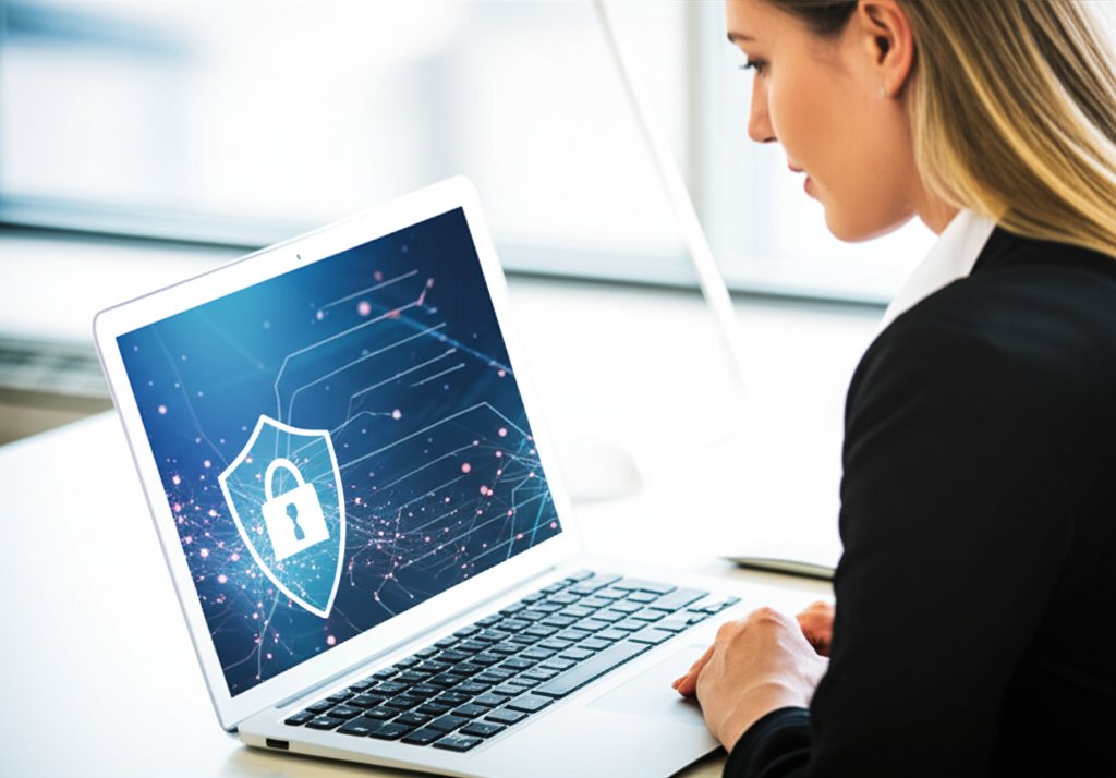 Female small business owner views laptop with secure shield icons & data, representing automated compliance & data protect...