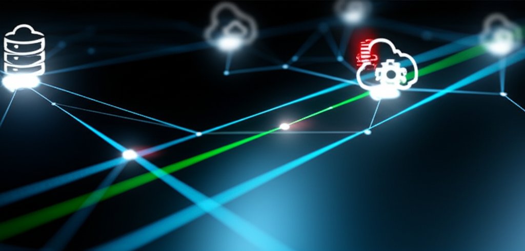 Abstract serverless cloud architecture with glowing blue/green data streams; a subtle red anomaly highlights a hidden secu...