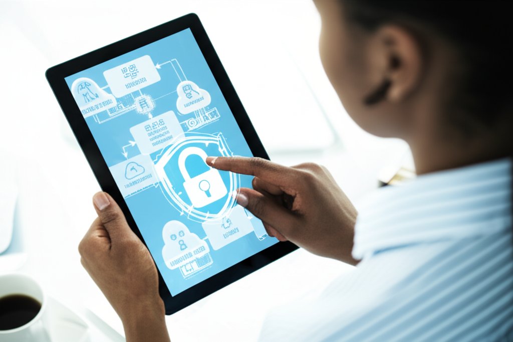 Diverse professional analyzes serverless cloud function vulnerabilities on a tablet, showing a security shield and risk di...