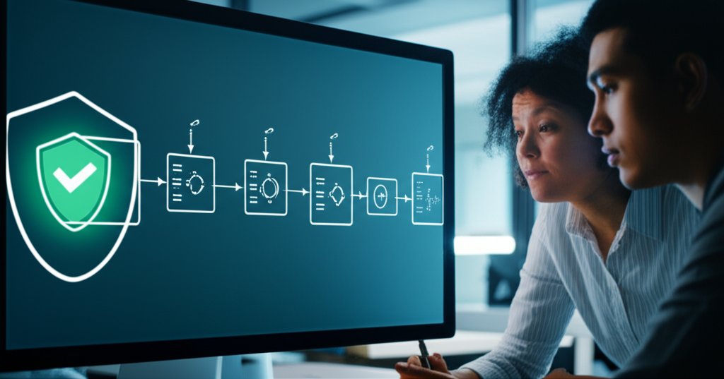 Two tech professionals review a screen showing an application architecture diagram with an early security checkpoint on a ...