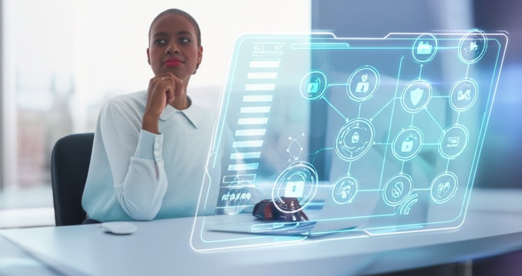 Confident woman engages with a holographic interface showing security shields and serverless architecture for proactive se...