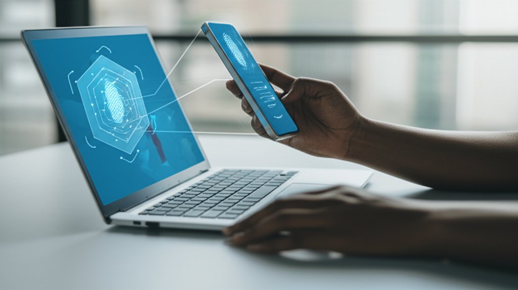 Business owner's hands with laptop and smartphone, illustrating Multi-Factor Authentication (MFA) with digital security pa...