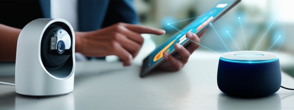 Smart security camera, speaker, and hand using a tablet. Glowing lines show IoT connectivity, hinting at smart home survei...