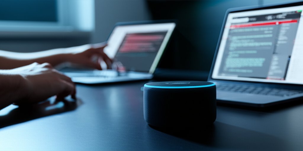 Sleek IoT smart home device on a dark desk, laptop screen shows security vulnerabilities with an ominous glow. Hands work.