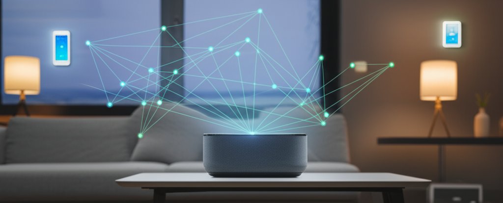 Smart speaker, security camera, thermostat in modern living room with digital data streams, highlighting IoT security risks.