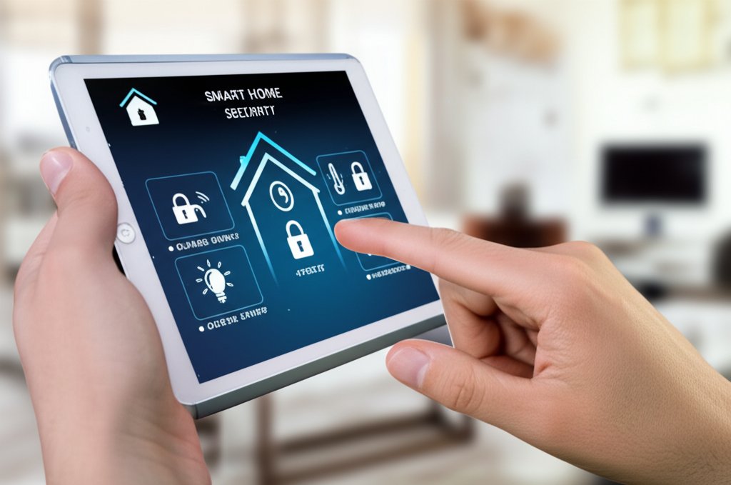 Hand interacting with a tablet showing a smart home security dashboard with icons for secure connected devices like a door...