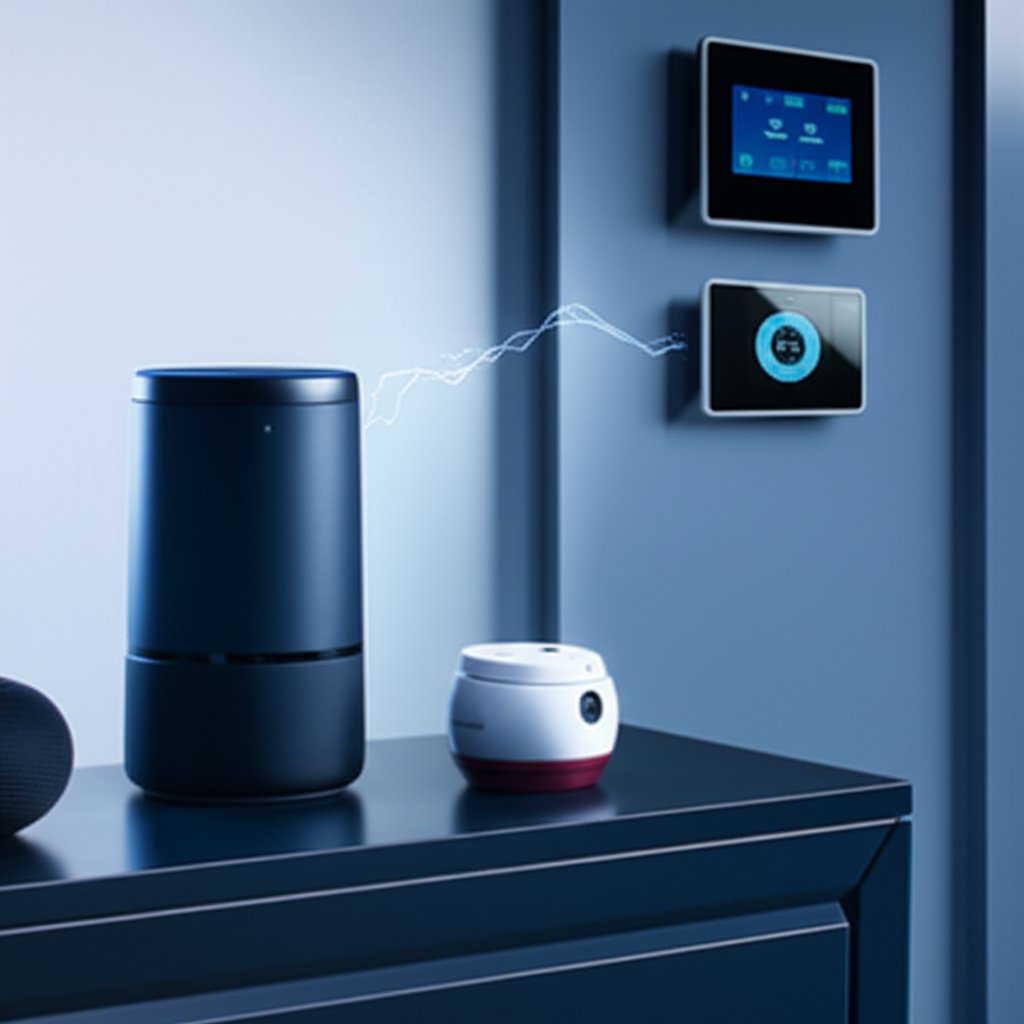 Smart home living room at twilight featuring a smart speaker, security camera, and thermostat. Digital glitch signals IoT ...