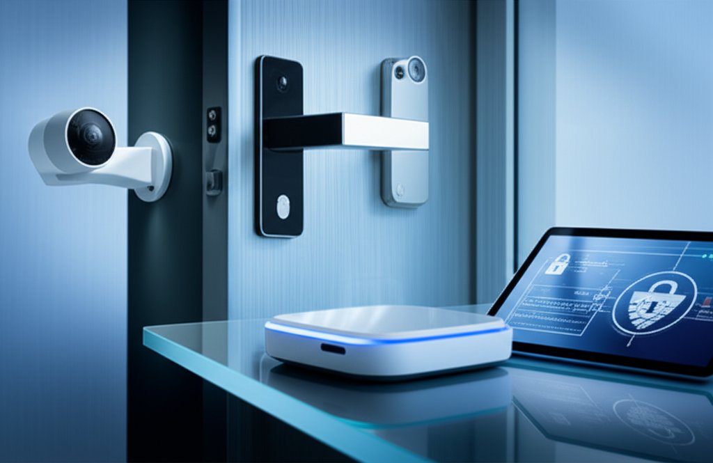 Sleek smart home interior with hand using a central hub, alongside a discreet security camera and modern smart lock.