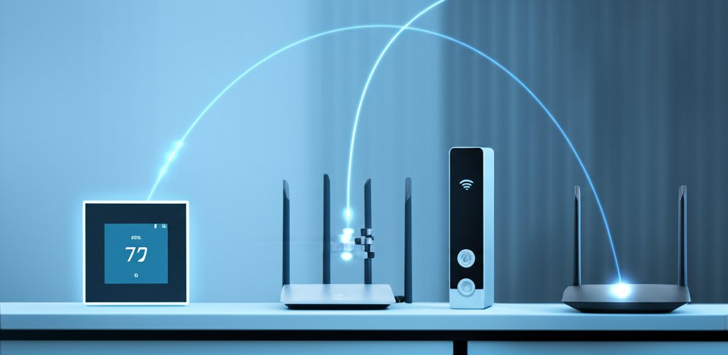 Interconnected smart home devices (thermostat, Wi-Fi router, smart lock) with a glitched network line and tech-blue glow.