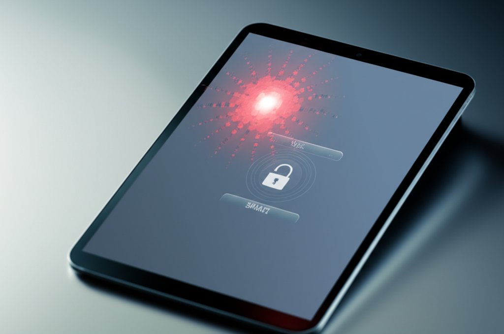 Modern tablet showing a smart home dashboard with a red digital glitch effect, highlighting a potential security vulnerabi...