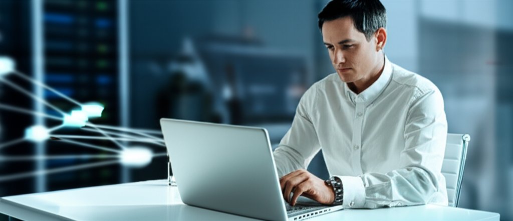 Small business owner on laptop, modern office. A subtle digital crack symbolizes supply chain attack risk.