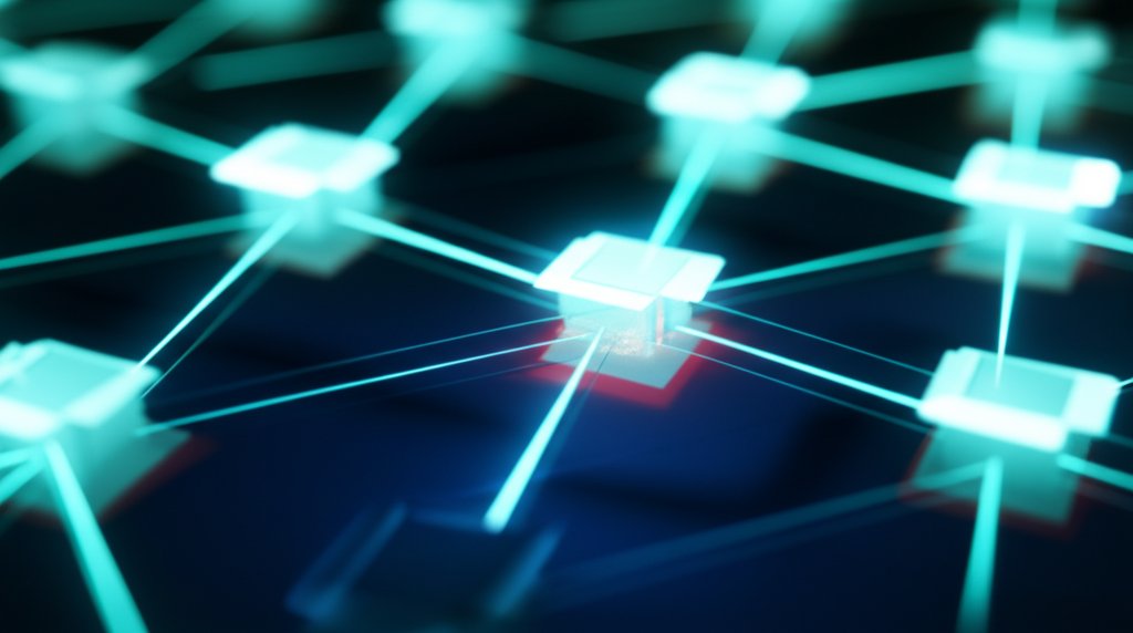 Abstract digital supply chain network with glowing blue-green nodes; one node shows subtle red corruption, a hidden securi...