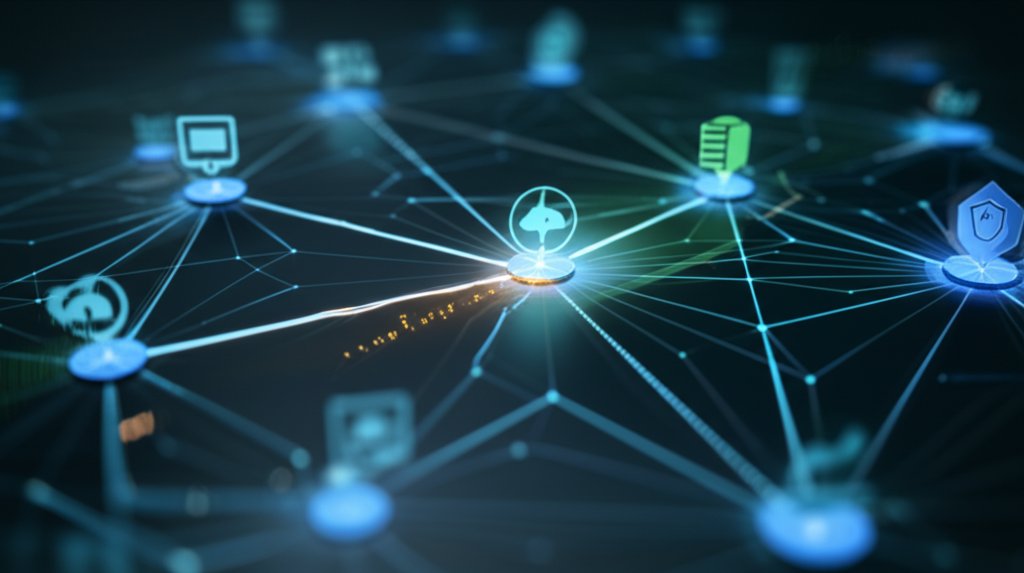 Luminous digital supply chain network showing a small business node connected to vendors and cloud. One link is cracked (v...
