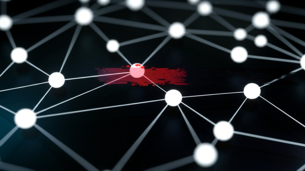 Modern digital network: glowing lines connect nodes on a dark background. One pathway shows a subtle, glitching security v...