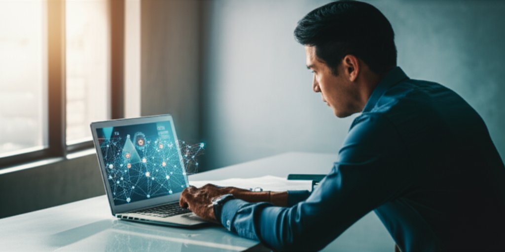 Business owner analyzes laptop screen displaying threat intelligence data, performing a vulnerability assessment in a mode...