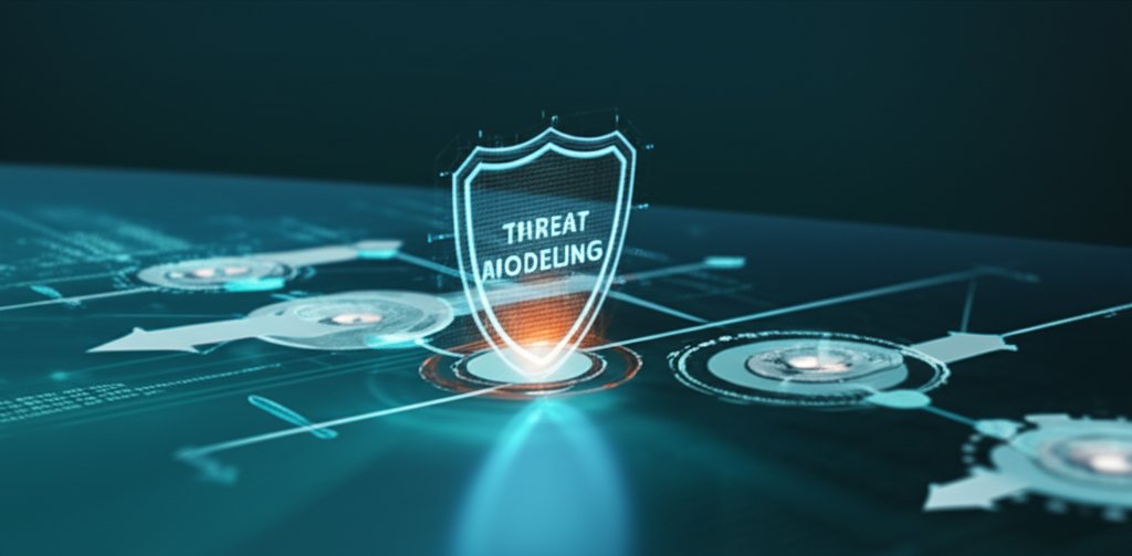 Abstract CI/CD pipeline illustrating threat modeling integration. A glowing shield icon represents security checks woven i...