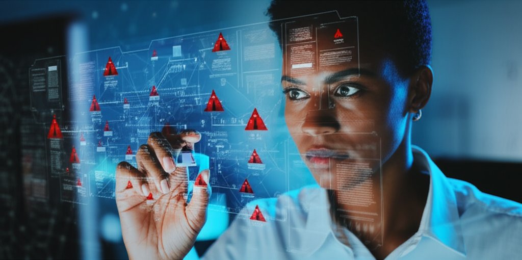 Person analyzing a holographic 3D network diagram with threat indicators, performing threat modeling for app security.