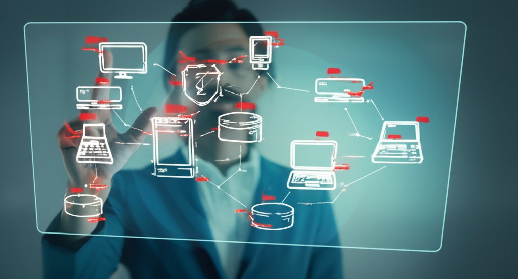 Professional models cybersecurity threats on a digital projection of a business network, with red risks and blue protectiv...
