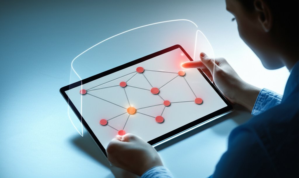 Focused individual analyzing a digital screen with a network diagram, highlighting red vulnerabilities and forming a prote...