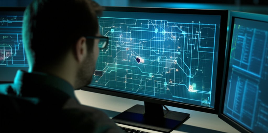 Cybersecurity analyst views a complex network security diagram with a subtle orange-red hidden vulnerability on a monitor ...