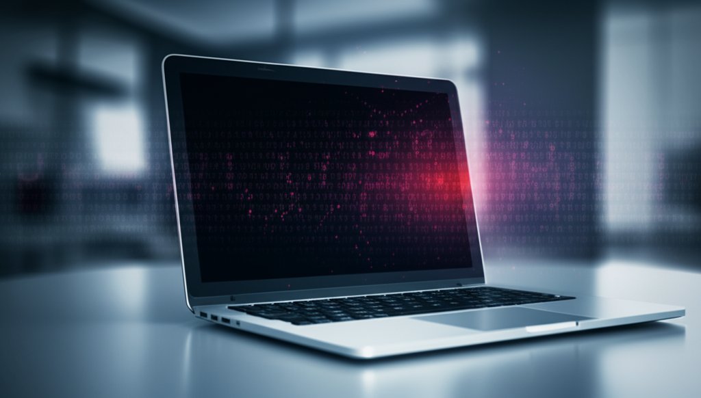 Modern laptop on office desk with subtle digital code emanating from underneath, a hidden zero-day threat to small business.