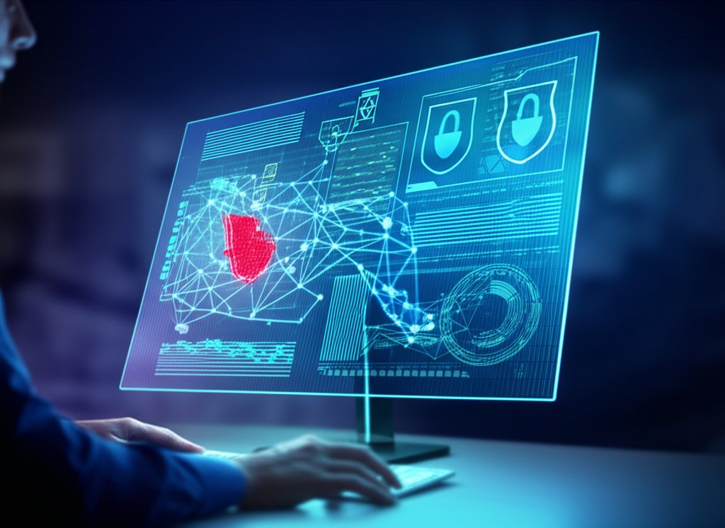 Holographic cybersecurity interface showing complex data streams, network topology, and a hidden red zero-day exploit. Han...