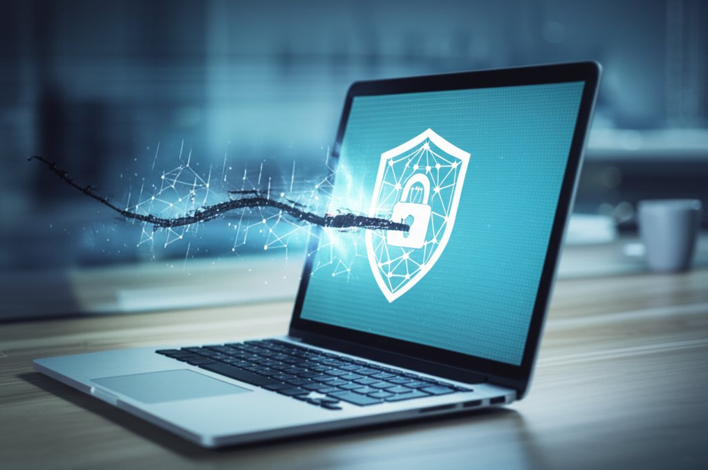 Laptop on a modern small business desk. A digital firewall on screen is bypassed by an ominous glitch, symbolizing a zero-...