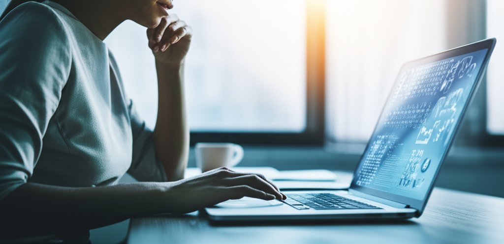 Diverse individual intently analyzes complex digital patterns on a laptop, conveying vigilance against zero-day vulnerabil...