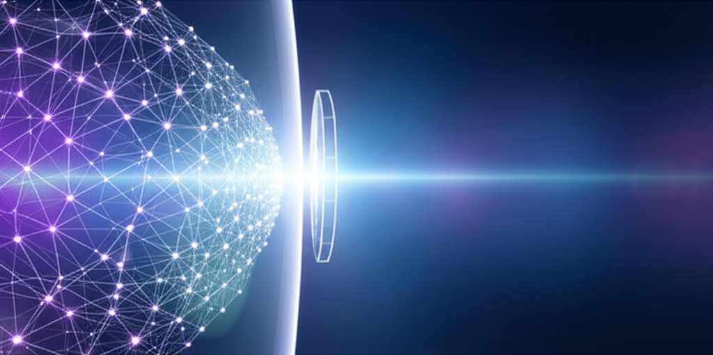 Digital art: Luminous, veiled data network. A light beam verifies obscured data using Zero-Knowledge Proofs, ensuring digi...